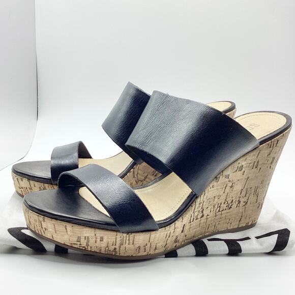 Schutz Kai Soft Black Leather Slip On Cork Wedge Sandal 10 NEW Dustbag - Picture 2 of 10